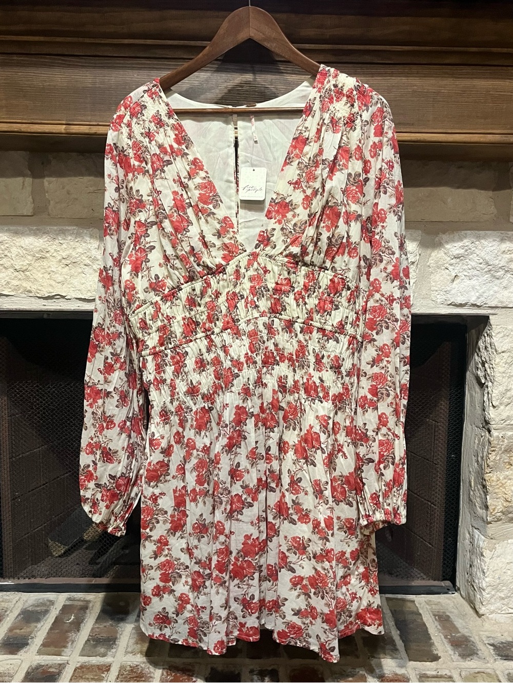 Free People Keep You Smocked Mini Dress Red Cream Floral V-Neck Boho XL NWT